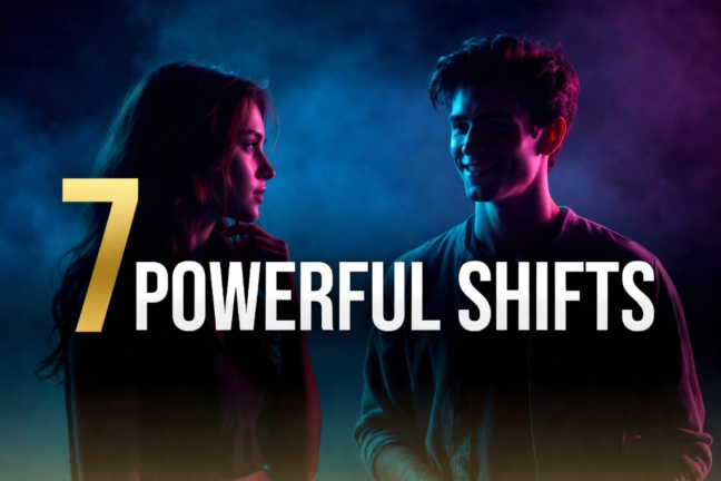 Confident man and woman with romantic tension, text overlay "7 Powerful Shifts to Escape the Friend Zone" by KritiInfo