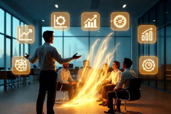 Leader practicing radical candor with team in modern office, glowing feedback turning into growth icons