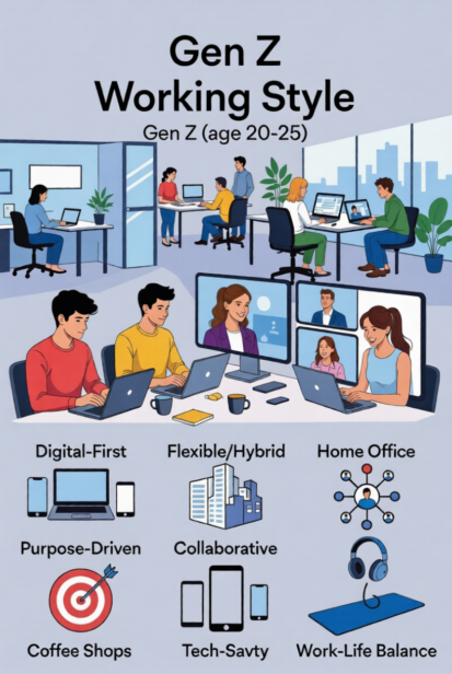 Modern flexible workspace showing Gen Z working with digital tools and hybrid setup