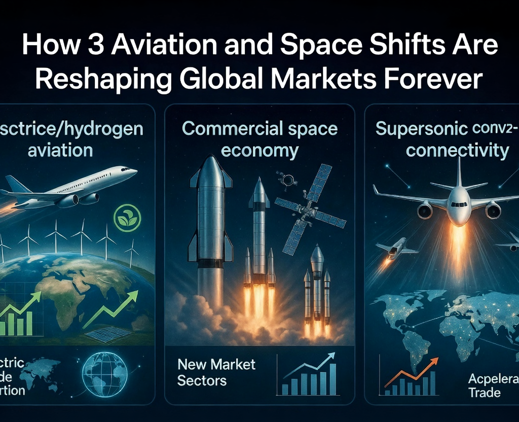 Market Impacts:Futuristic infographic showing three major aviation and space shifts: sustainable aviation, commercial space economy, and supersonic connectivity reshaping global markets.
