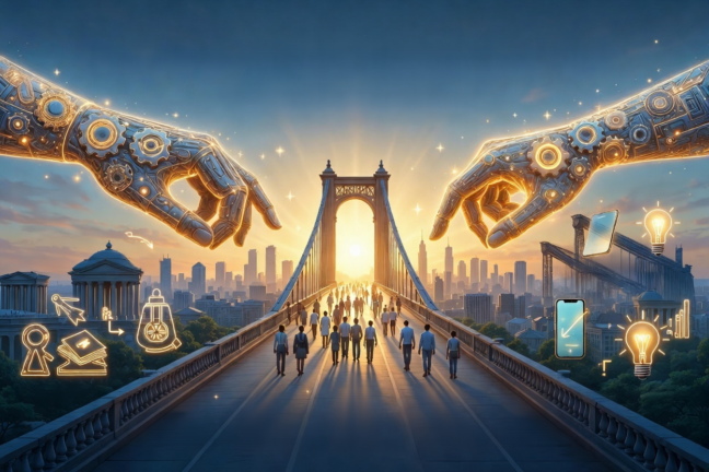Symbolic bridge connecting generations with glowing hands and people walking toward a bright future.