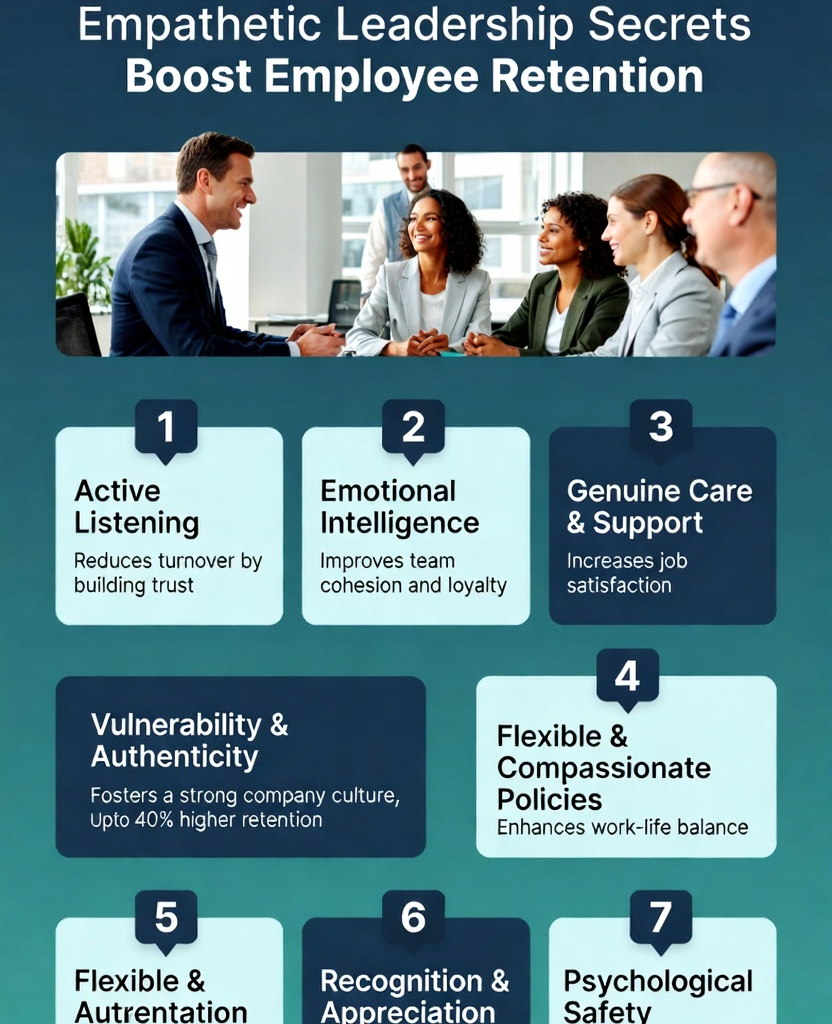 Infographic showing 7 Powerful Empathetic Leadership Secrets that boost employee retention with icons and benefits