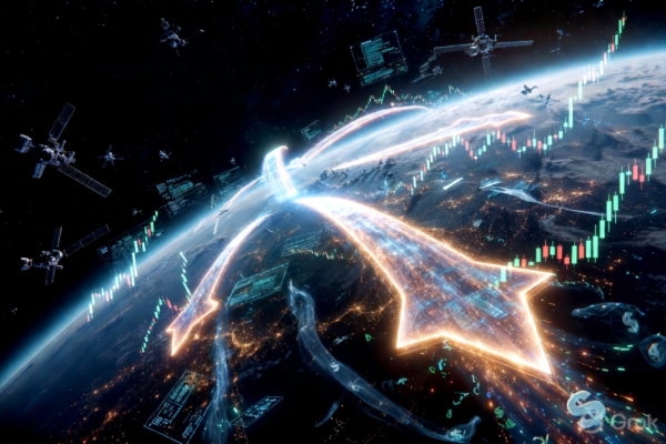 Dramatic cinematic view of Earth from space with satellites, rockets, and glowing financial data streams showing how aviation and space shifts are reshaping global markets.