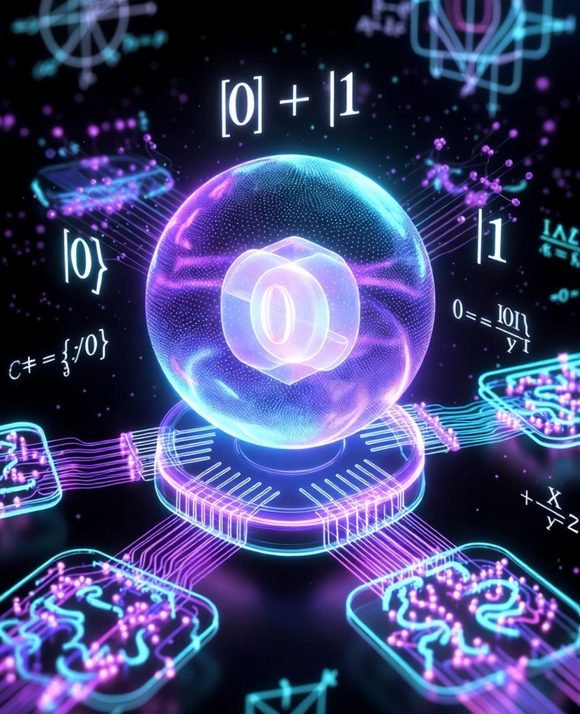Quantum superposition in QML showing a glowing qubit in multiple states on a Bloch sphere
