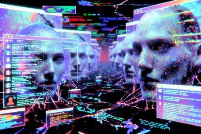 Creepy AI-generated faces and synthetic hallucinations in a distorted digital feed