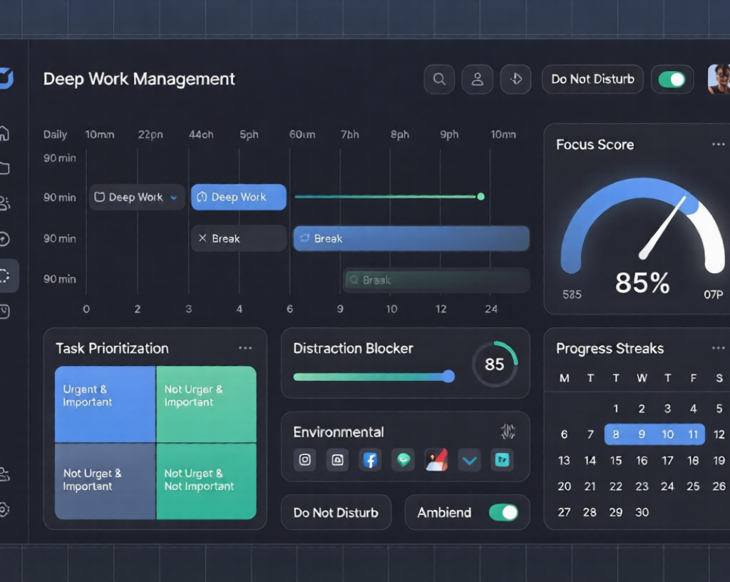 Modern dark-mode Deep Work Management System dashboard with focus timer, time blocking schedule, task prioritization matrix, distraction blocker, and progress streaks.