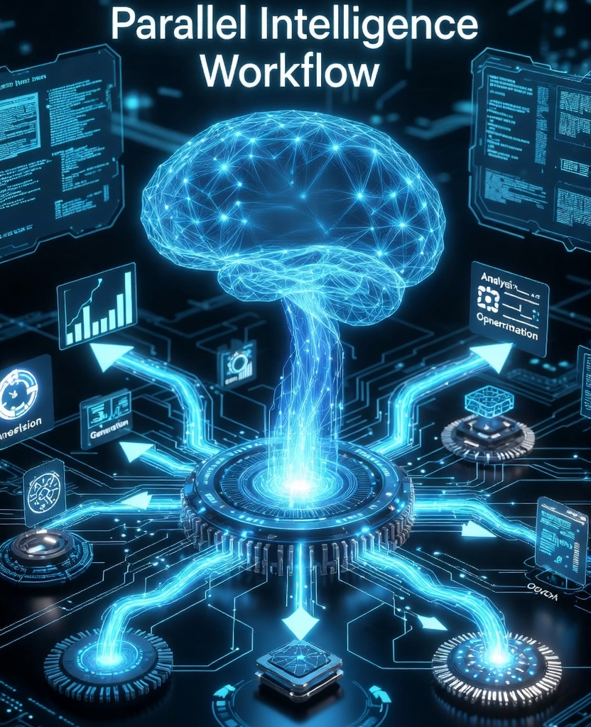 Futuristic AI parallel processing  human workflows with glowing neural networks and simultaneous data streams