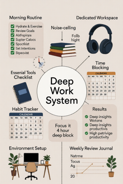Deep Work System infographic showing morning routine, dedicated workspace, time blocking, habit tracker, and results for maximum productivity.