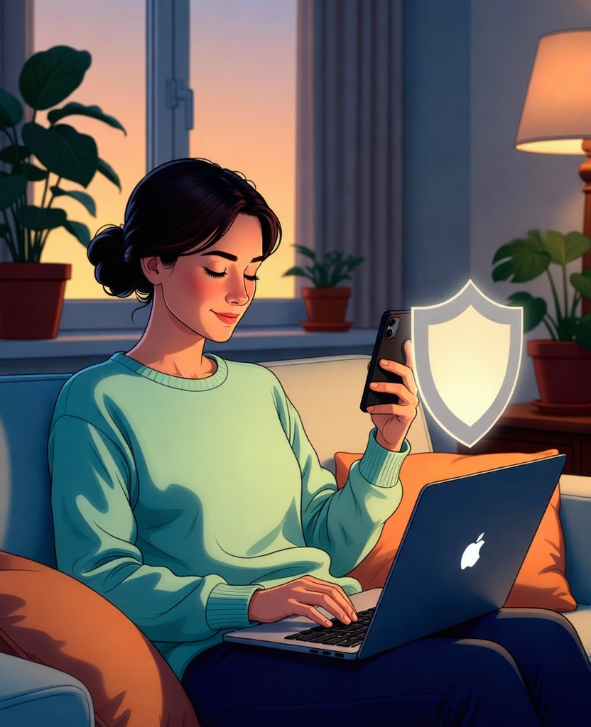 Worklife Balance:Calm woman relaxing at home in evening, turning off work devices, illustrating Right to Disconnect