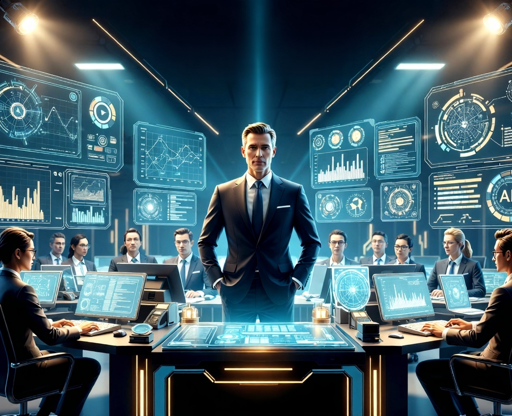 Super specialist management(Niche) leader in high-tech command center with holographic analytics and expert team