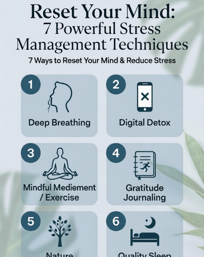 Infographic showing 7 powerful techniques to reset your mind and  stress management, including deep breathing, digital detox, meditation, exercise, gratitude journaling, nature connection, and quality sleep.