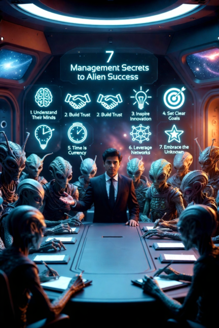 Vaibhav Suryavanshi teaching 7 management secrets to a group of aliens in a futuristic spaceship boardroom