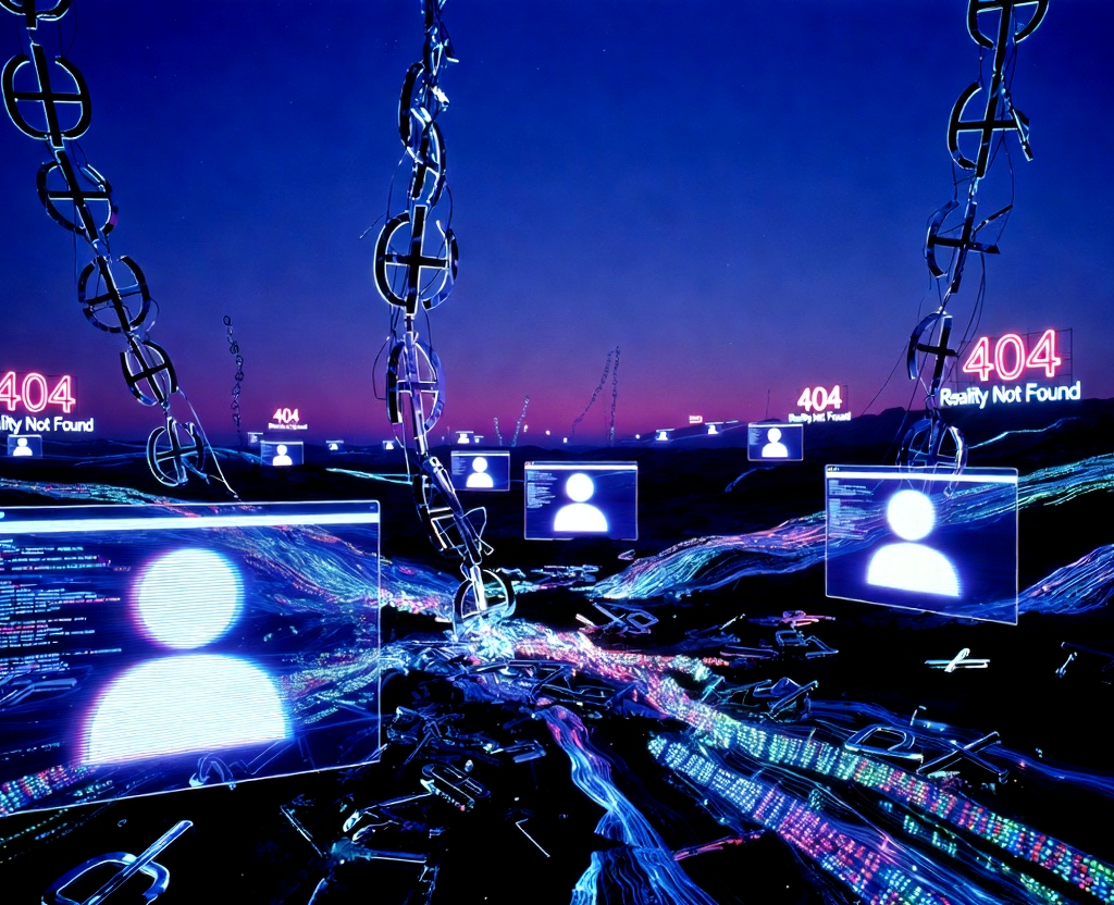 Dead Internet:Synthetic Hallucinations(2026) Dead internet synthetic hallucinations in a glitchy digital void with 404 errors and ghost profiles