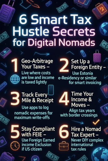 Neon style 6 Smart Tax Hustle Secrets for Digital Nomads poster
