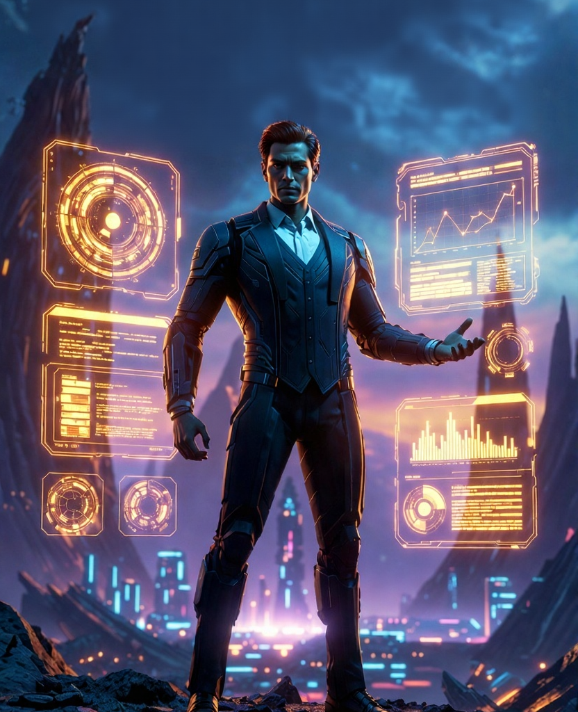 Vaibhav Suryavanshi standing powerfully on an alien planet with glowing holographic management charts, sci-fi book cover style