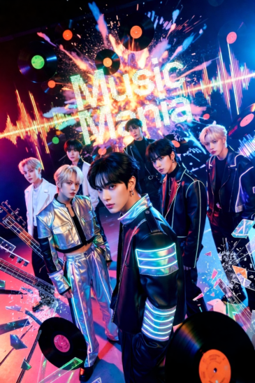 BTS performing at Music Mania 2026 futuristic concert in Seoul with neon lights and holographic effects