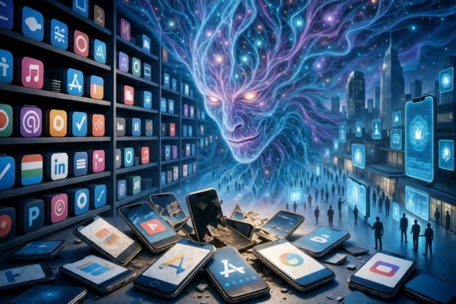 Giant ethereal Ambient AI entity rising over a collapsing app ecosystem with broken smartphones and app shelves in a futuristic city.