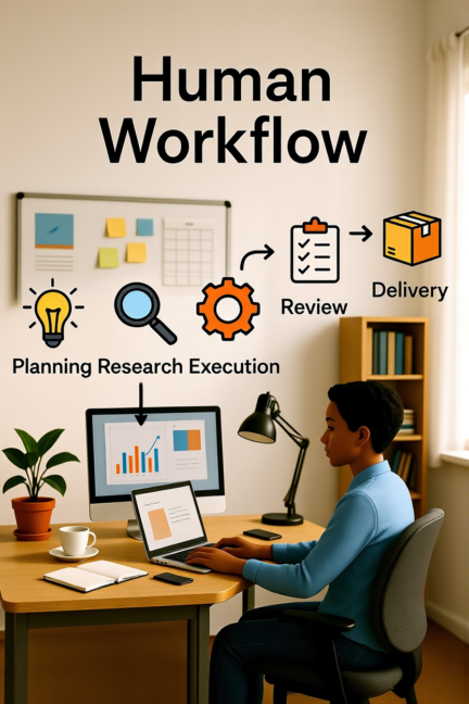 Human working on a sequential step-by-step workflow at a desk