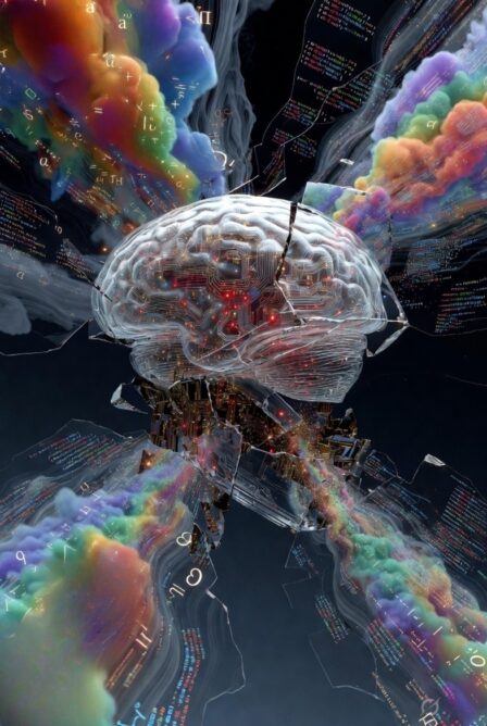 Cracked futuristic AI brain exploding with mathematical symbols and colorful probability clouds, symbolizing entropy in AI.