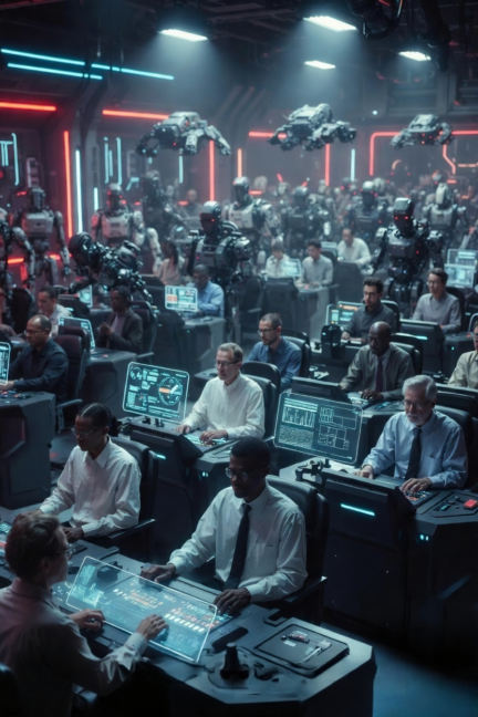 Diverse team of humans commanding an army of robots from a high-tech control center