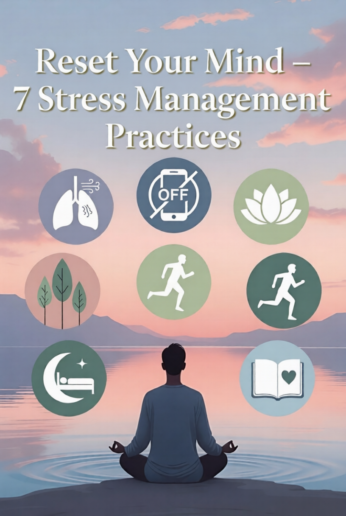 A person meditating by a calm lake at sunrise with 7 floating icons representing stress management practices: breathing, digital detox, meditation, exercise, gratitude, nature, and sleep.