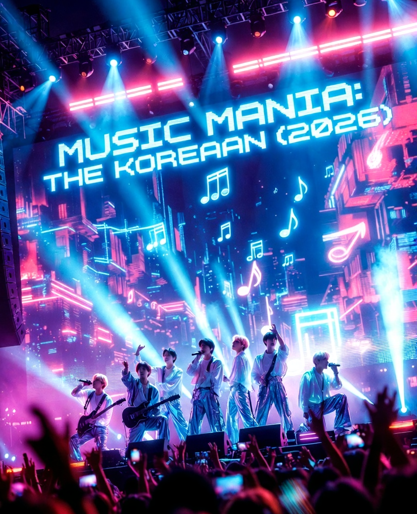 BTS performing at Music Mania 2026 futuristic concert in Seoul with neon lights and holographic effects