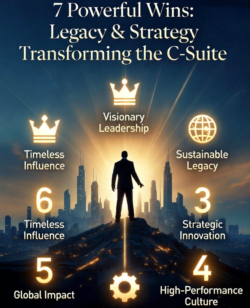 How 7 Powerful Kick Butts of Legacy and strategy Transform the C-Suite 7 Powerful Wins of Legacy and Strategy Transforming the C-Suite infographic with executive on summit