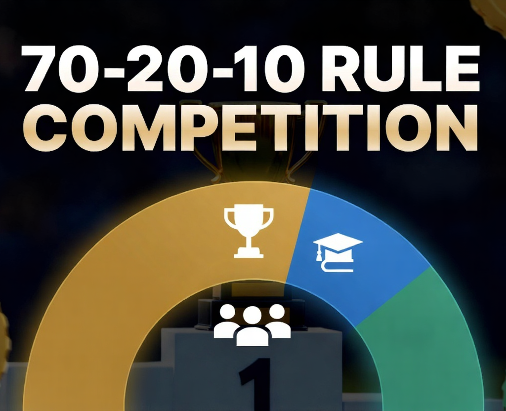 70 20 10 Rule Competition featured image showing 70% experience, 20% exposure, and 10% education with trophy
