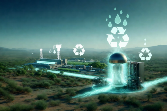 Futuristic nuclear microreactor in an arid landscape demonstrating low water footprint and sustainable energy production.