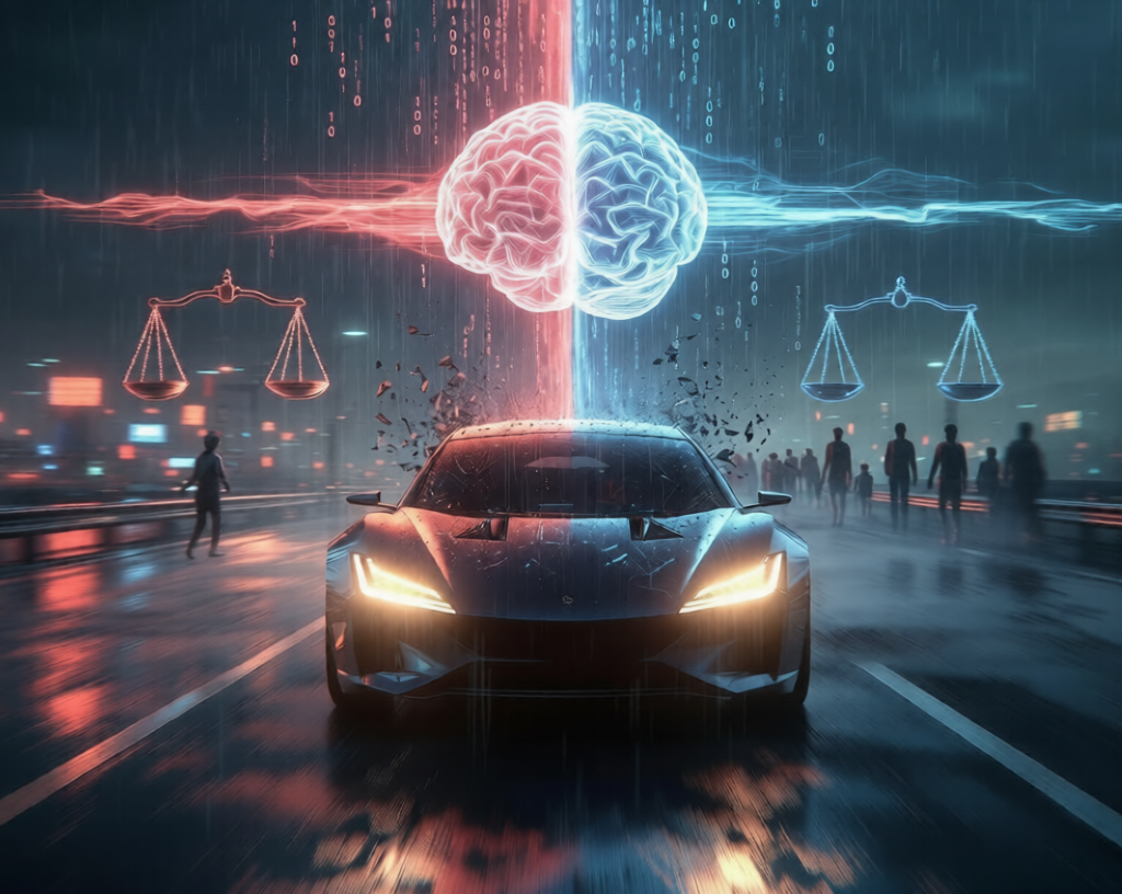 AI Dilema:Futuristic self-driving car facing ethical trolley dilemma on rainy highway with glowing AI brain and scales of justice