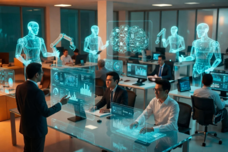 Modern office team with glowing blue AI holograms and digital interfaces, featuring Zero Shot AI Coworkers title