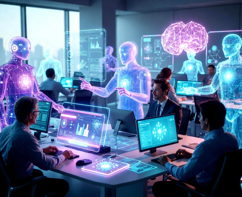 Zero Shot:Futuristic office with holographic AI coworkers collaborating with human professionals at high-tech desks