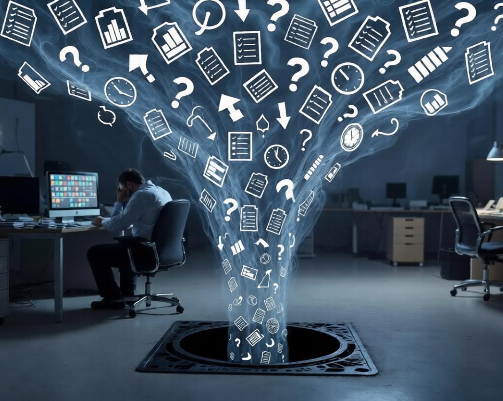 How 7 Powerful Decision Drain Effects Transform Mental Health And Productivity Decision Drain:Exhausted professional sitting at office desk while decision icons, documents, and clocks swirl into a black drain vortex on the floor.