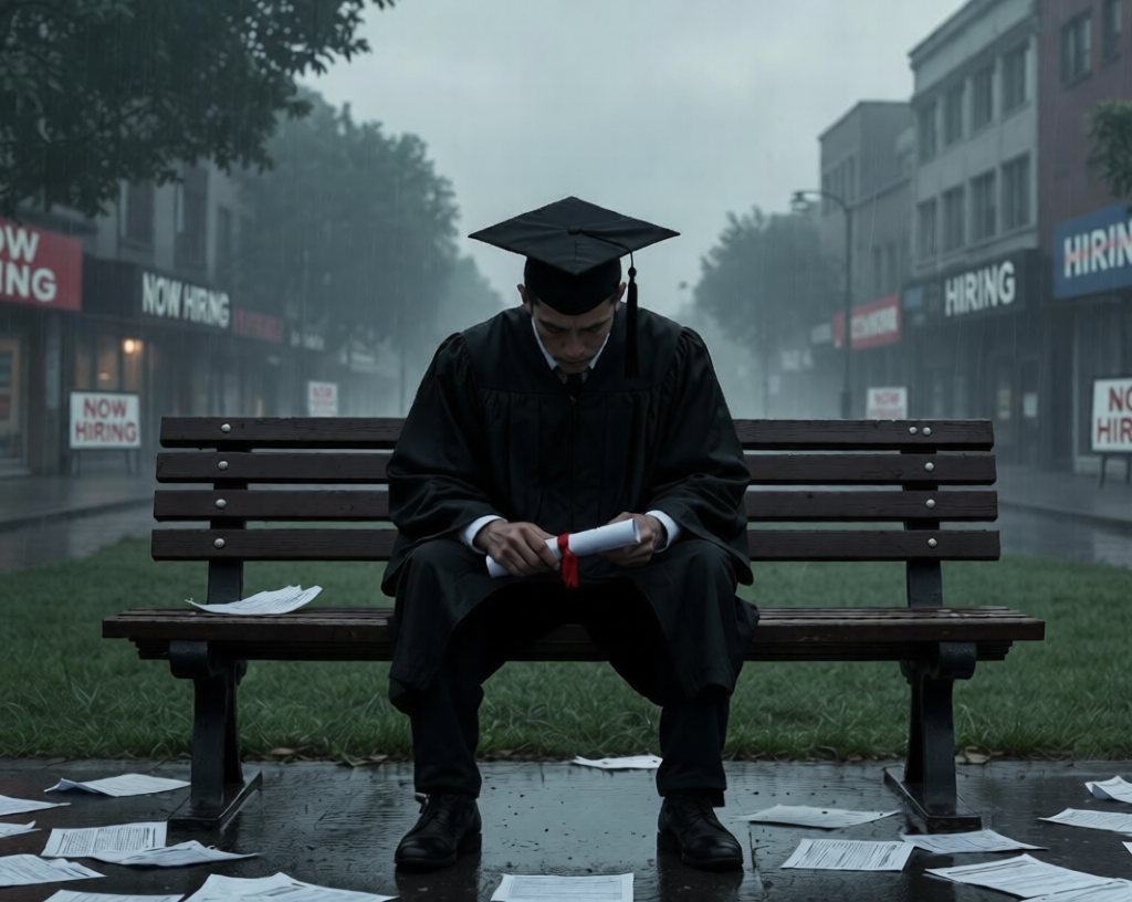 Degree Or Skill:7 Smart Unemployment Solutions Unemployment:Frustrated graduate sitting alone on a rainy bench surrounded by rejected job applications, with crossed-out "Now Hiring" signs in the background.