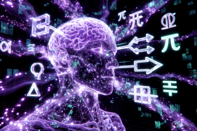 Purple cybernetic brain with symbolic AI elements and logic symbols