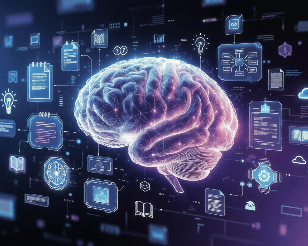 Futuristic digital second brain with glowing neural networks and holographic notes