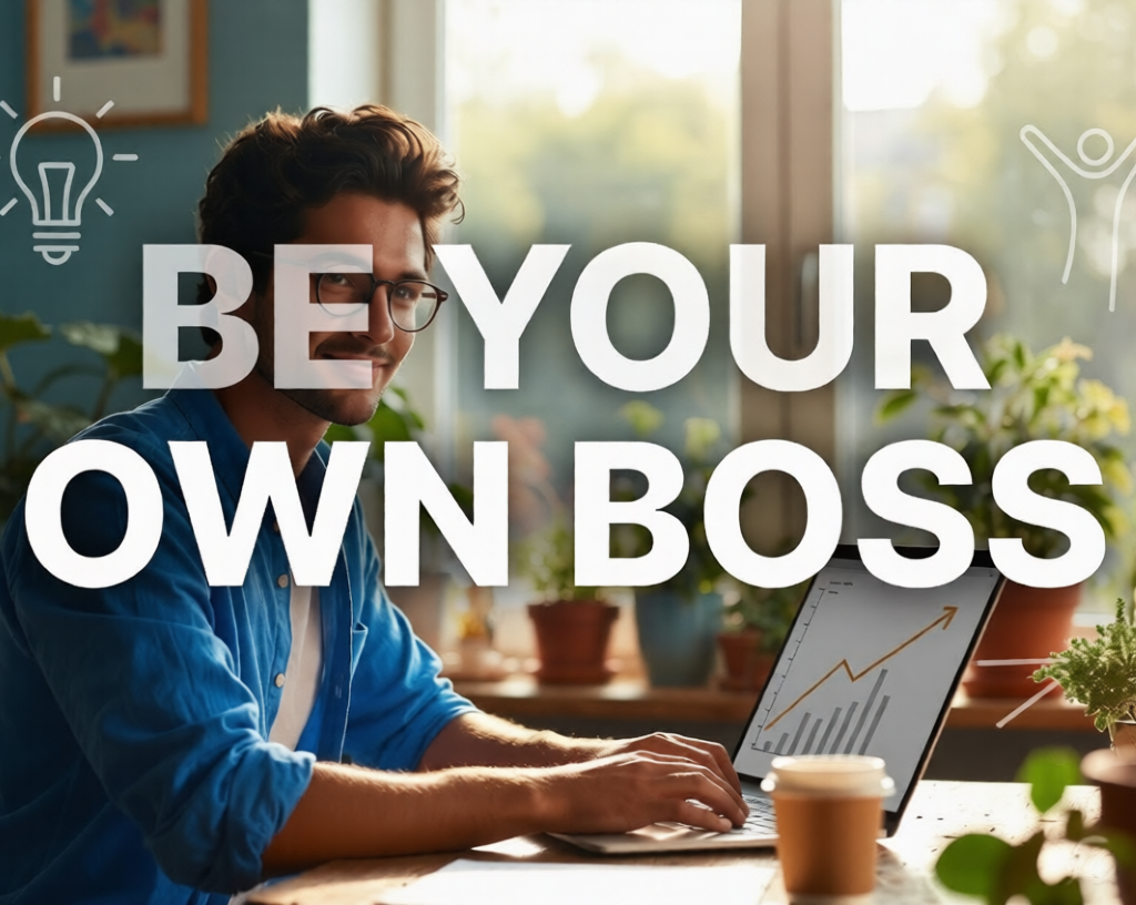 Helmsman:Confident young man working on laptop in sunny home office with "Be Your Own Boss" text overlay