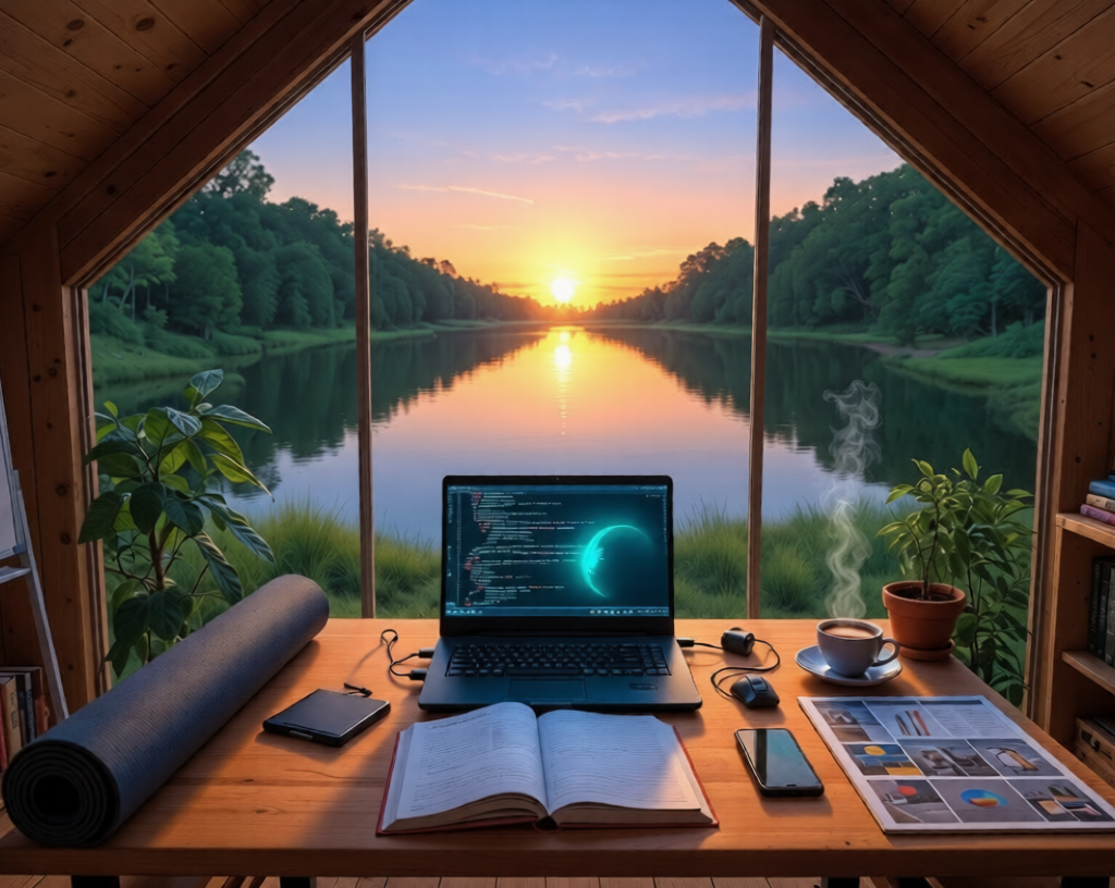 Young professional working productively in a cozy wooden cabin overlooking a lake at sunrise, with laptop, books, and yoga mat for focused micro-sabbaticals,