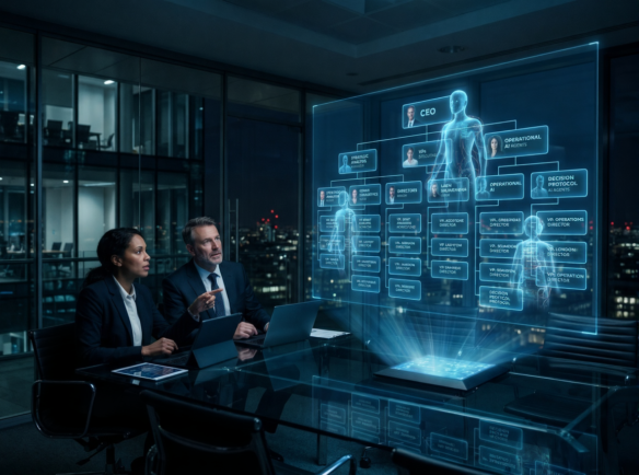 Two executives in a modern, dark boardroom looking at a glowing, holographic org chart that features digital humanoids representing AI agents.