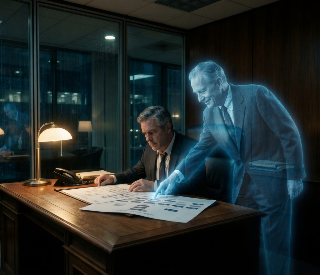 AI Agents:A translucent blue ghost of an older businessman pointing at a paper org chart alongside a seated executive in a dark, traditional office.