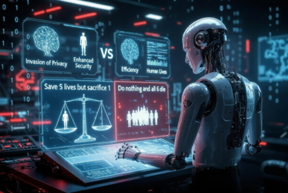 Humanoid AI robot contemplating ethical decisions at holographic interface with trolley problem and privacy vs security trade-offs