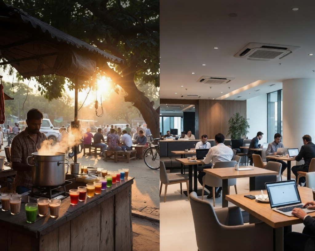 Tea Habbit:raditional Indian Tapri Chai stall vs modern corporate cafe split comparison at golden hour