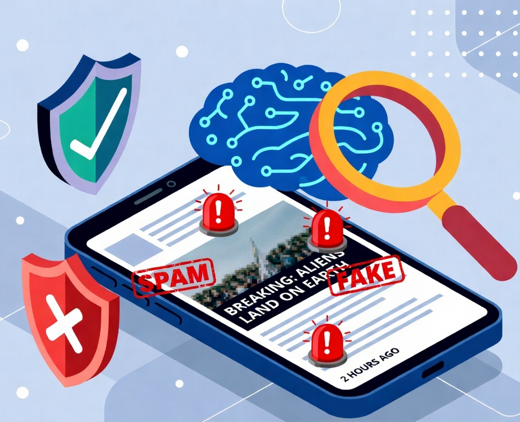 Spam:AI-powered fake news and spam detection on a smartphone screen