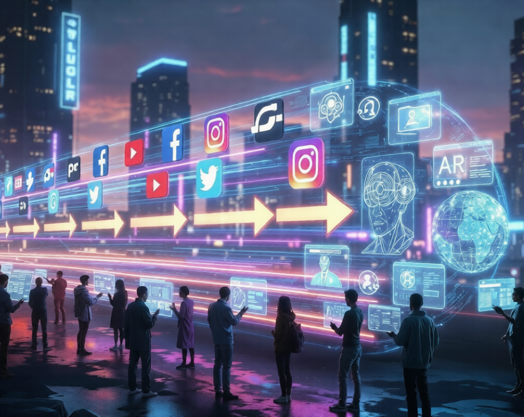 Future Trajectory:Futuristic evolution of social media showing glowing timeline from past platforms to AR, neural interfaces and metaverse in neon cyberpunk city