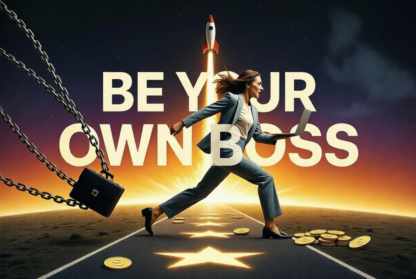 Powerful woman breaking chains and running towards success with laptop and rocket, "Be Your Own Boss" text