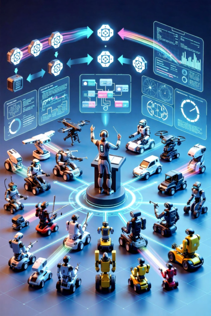 Central AI conductor directing a diverse team of autonomous robots and vehicles in coordinated orchestration.