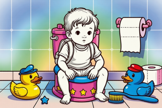 Thoughtful 7-9 year old child character Poopproblem sitting on a colorful potty surrounded by rubber ducks in a bathroom.