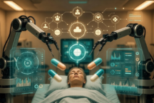 Patient receiving hyper-personalized treatment with robotic assistance, floating DNA-based medicine, and smart health monitoring.