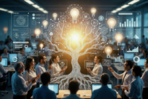 Team collaborating around glowing tree of knowledge in modern office