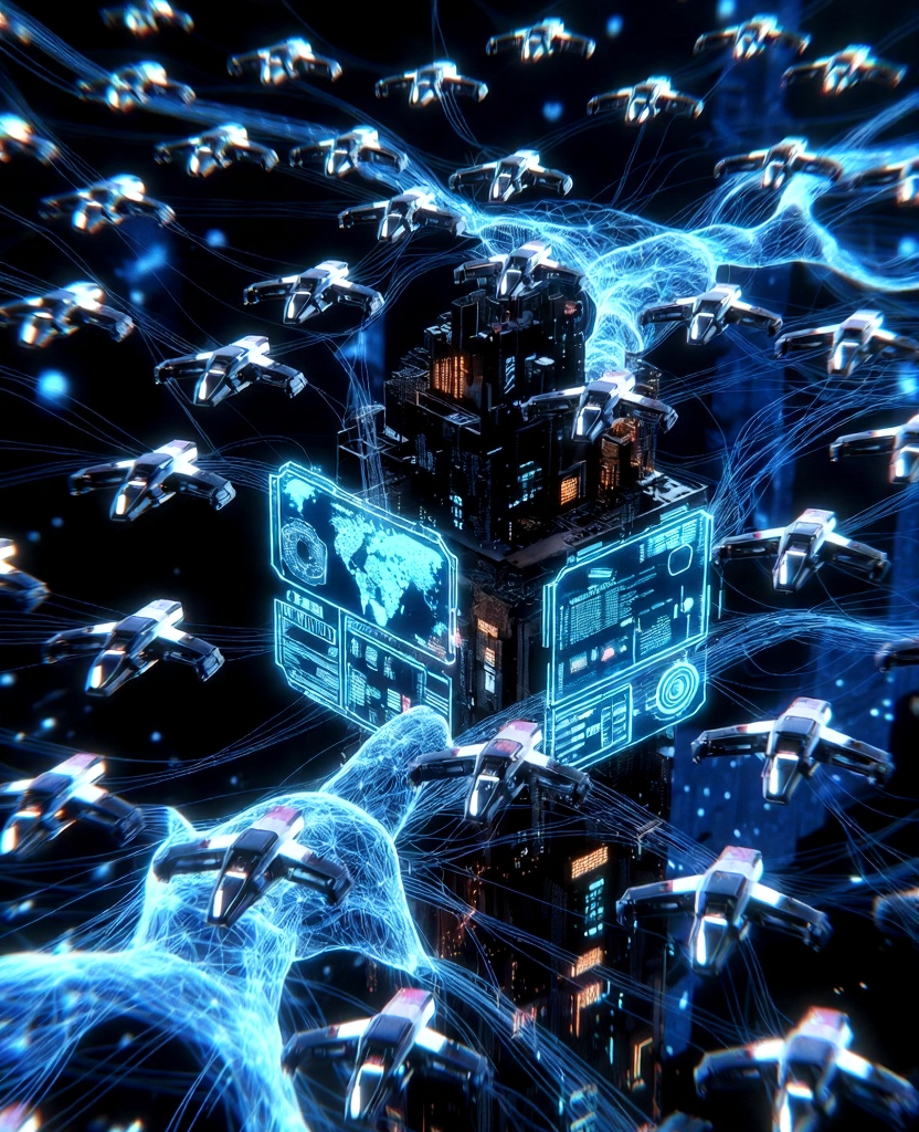 How 7 Powerful Swarms and Orchestration Systems Are Transforming Supervising Autonomous Intelligence Supervising Autonomous:Futuristic swarm of autonomous drones connected to a central AI supervisory hub with glowing blue neural networks.